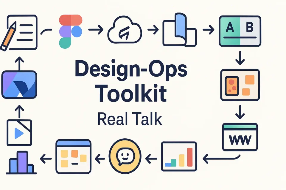 Design-Ops Toolkit Real Talk - icons showing Figma, cloud, A/B testing, analytics workflow
