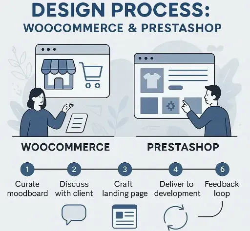 Design Process: WooCommerce & PrestaShop - illustration comparing both platforms workflow